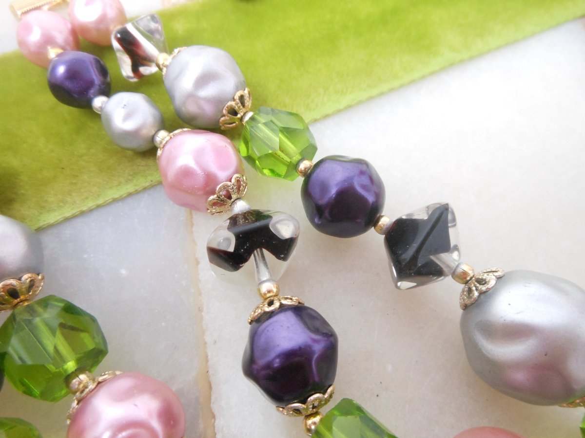 Vintage Pink Purple Art Glass Crystal Necklace Bead Multi Two Strand Choker Bib Chunky Pearl Jewelry Gift Mid Century, VivianJoel.com