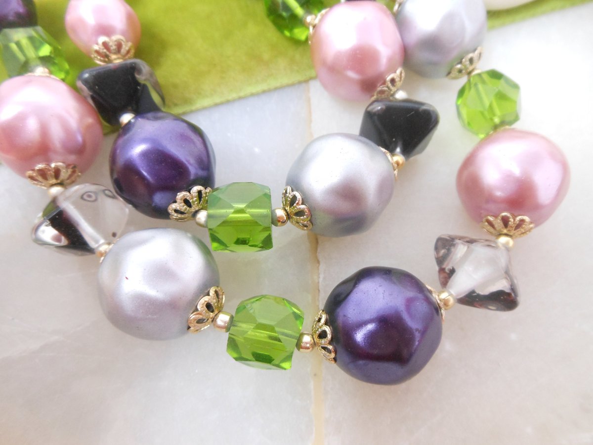 Vintage Pink Purple Art Glass Crystal Necklace Bead Multi Two Strand Choker Bib Chunky Pearl Jewelry Gift Mid Century, VivianJoel.com