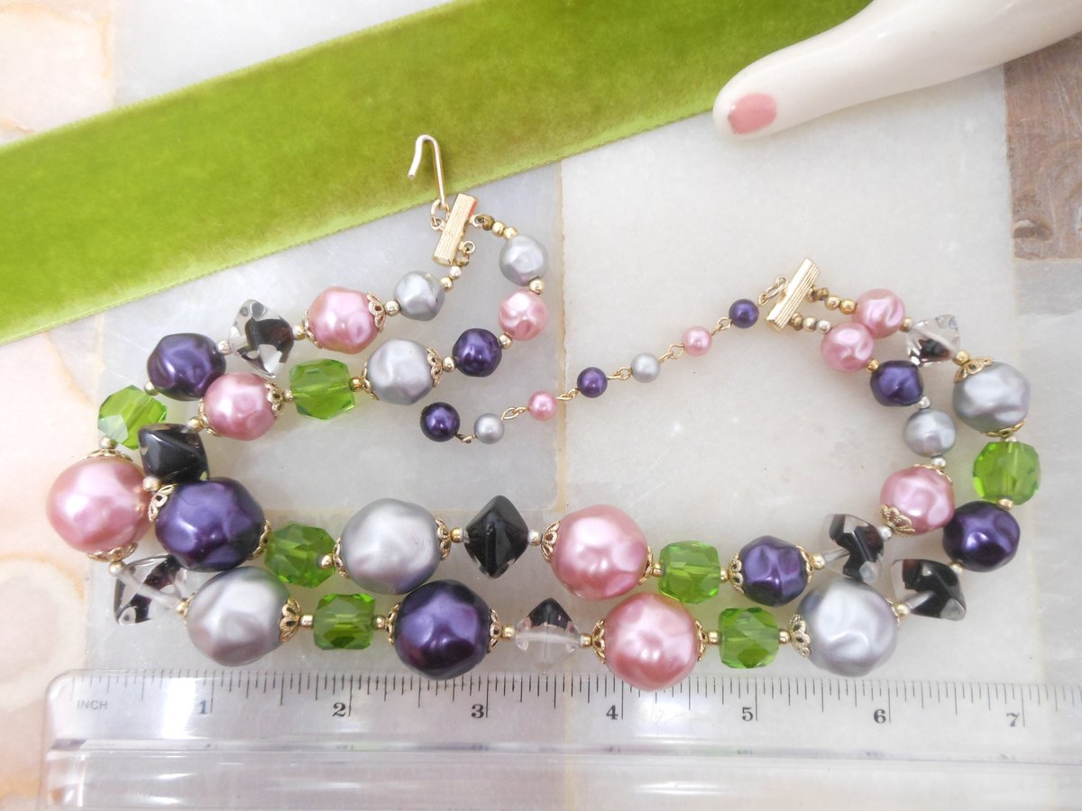 Vintage Pink Purple Art Glass Crystal Necklace Bead Multi Two Strand Choker Bib Chunky Pearl Jewelry Gift Mid Century, VivianJoel.com