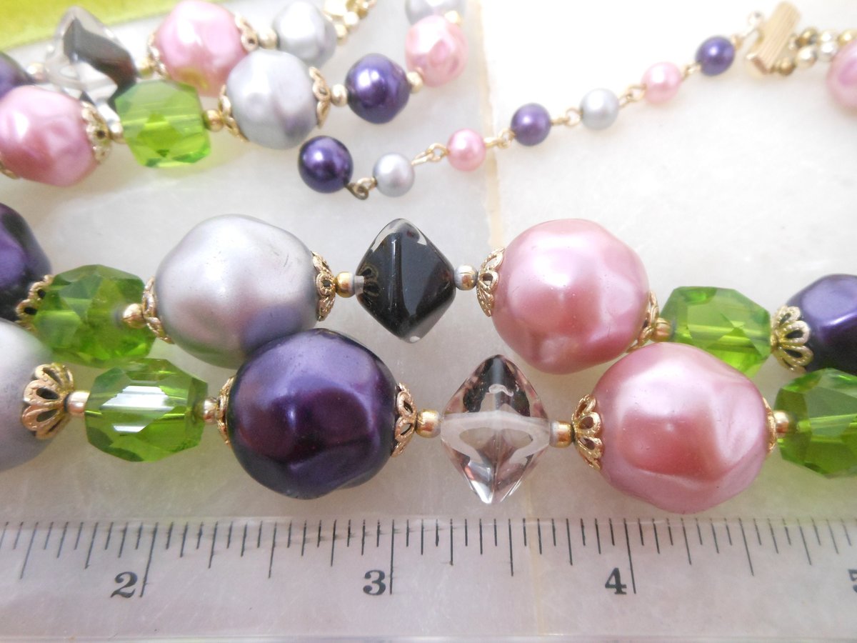 Vintage Pink Purple Art Glass Crystal Necklace Bead Multi Two Strand Choker Bib Chunky Pearl Jewelry Gift Mid Century, VivianJoel.com