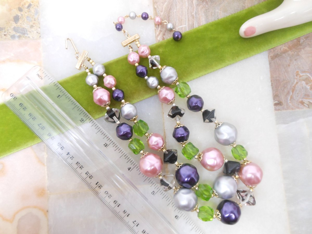 Vintage Pink Purple Art Glass Crystal Necklace Bead Multi Two Strand Choker Bib Chunky Pearl Jewelry Gift Mid Century, VivianJoel.com
