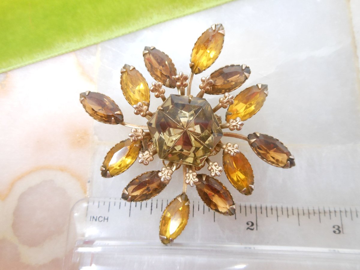 Vintage Topaz Brooch Root Beer Flower Pin Rhinestone Starburst Fleur De Lis Mid Century Jewelry Gift, VivianJoel.com