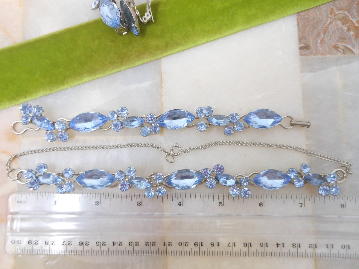 Vintage Blue Rhinestone Necklace Bracelet Earrings Set Crystal Pin Up Retro Glam Mid Century Jewelry Gift, VivianJoel.com