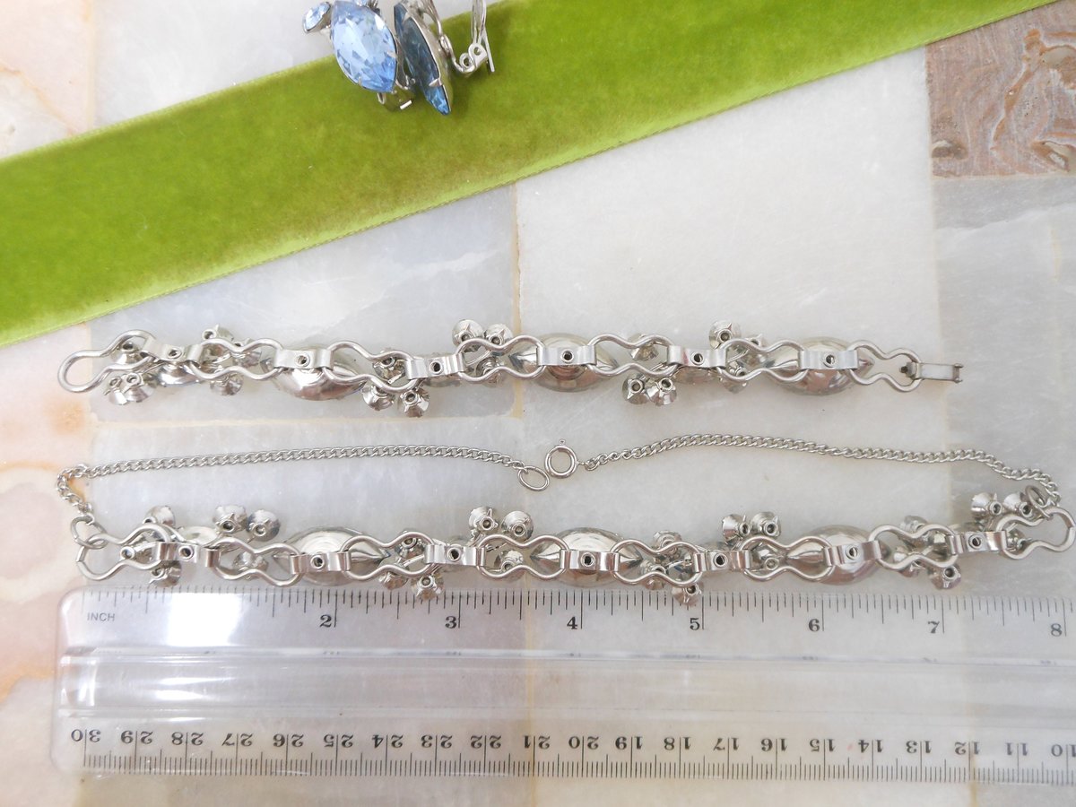 Vintage Blue Rhinestone Necklace Bracelet Earrings Set Crystal Pin Up Retro Glam Mid Century Jewelry Gift, VivianJoel.com