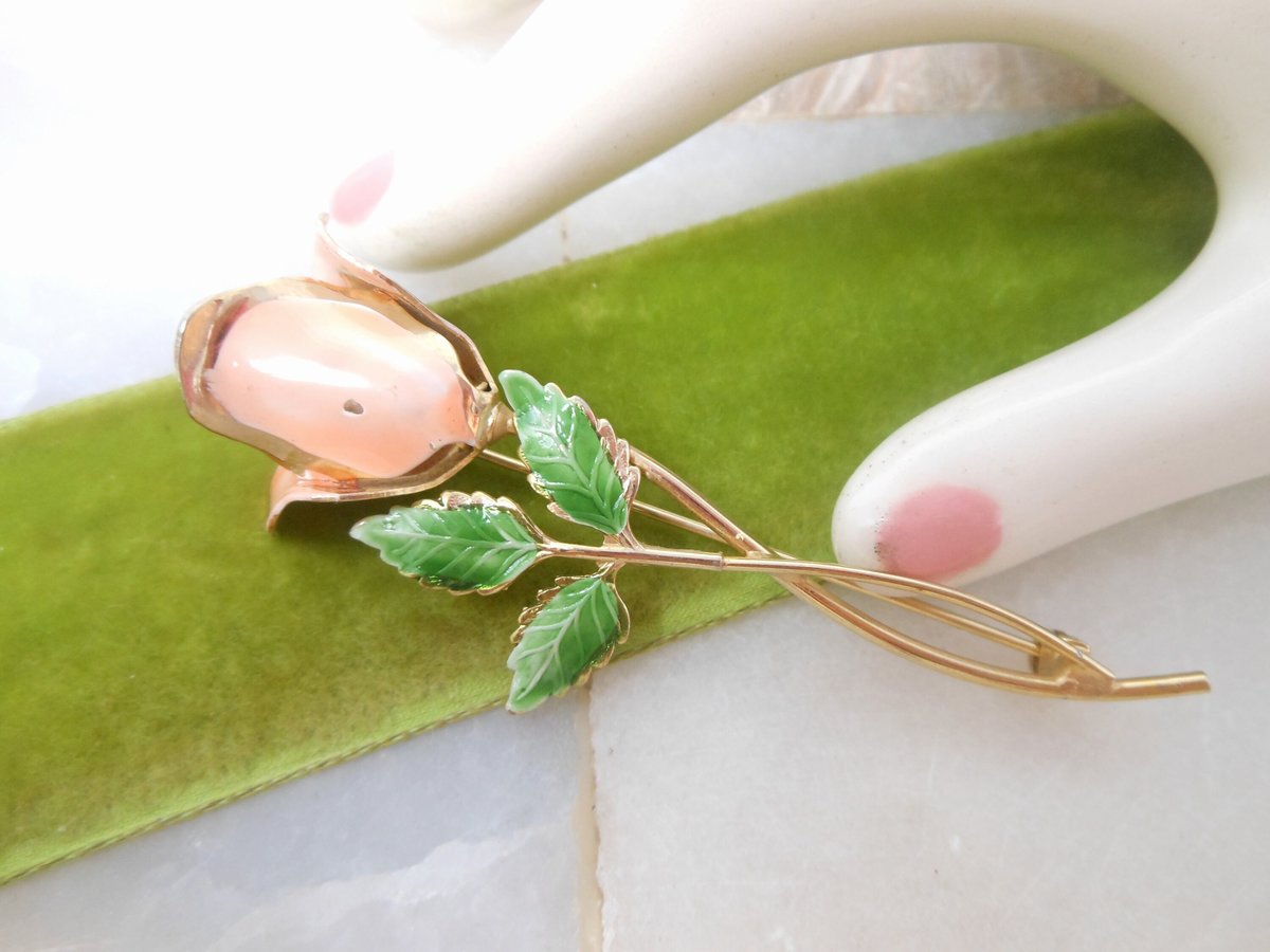 Vintage LOT 3 Enamel Flower Pin White Peach Rose Blue Tulip Brooch Retro Jewelry Mid Century *imperfect craft destash*, VivianJoel.com