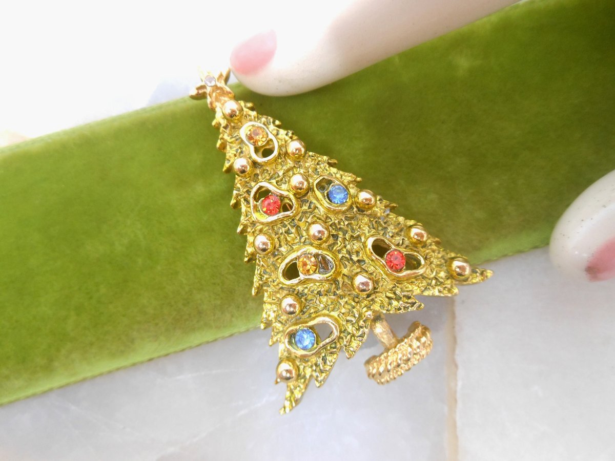 Vintage ART Enamel Christmas Tree Pin Brooch Designer Signed ARTHUR PEPPER Rhinestone Jewelry Mod Mid Century Gift, VivianJoel.com