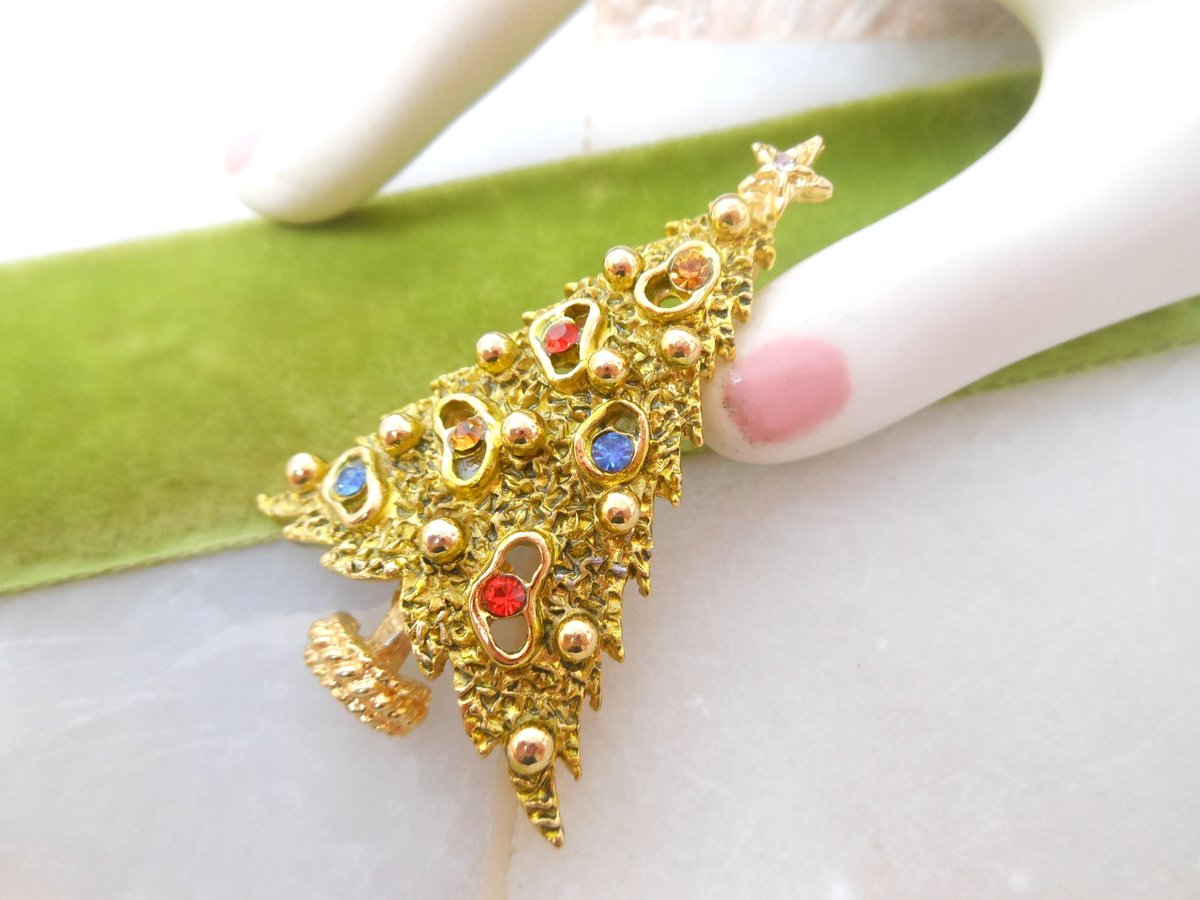 Vintage ART Enamel Christmas Tree Pin Brooch Designer Signed ARTHUR PEPPER Rhinestone Jewelry Mod Mid Century Gift, VivianJoel.com