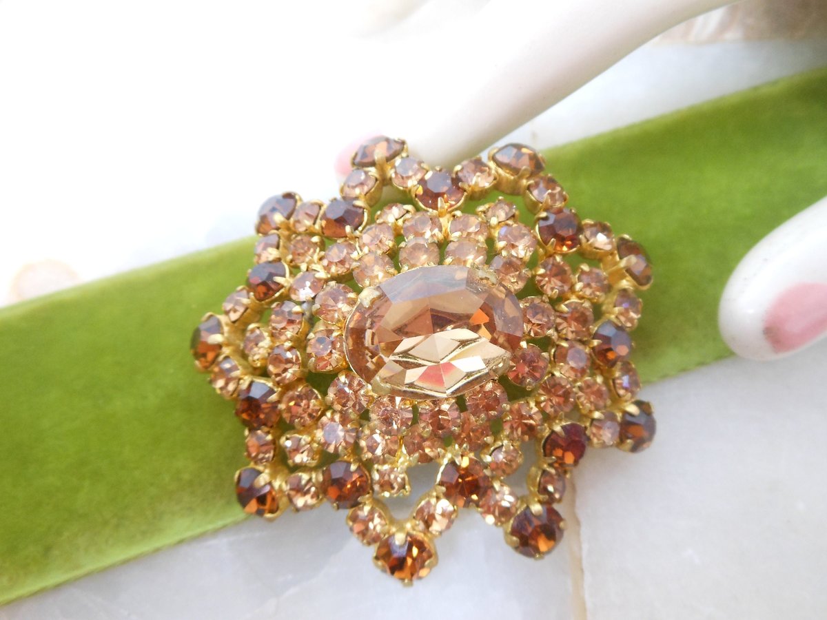 Vintage AUSTRIA Domed Brooch Flower Pin Topaz Crystal Rhinestone Starburst Mid Century Jewelry Gift, VivianJoel.com