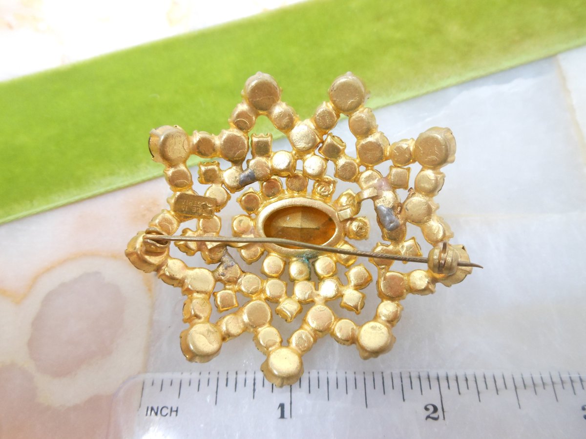 Vintage AUSTRIA Domed Brooch Flower Pin Topaz Crystal Rhinestone Starburst Mid Century Jewelry Gift, VivianJoel.com