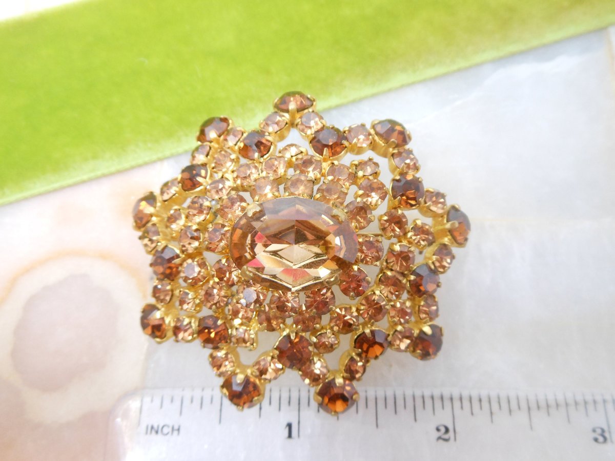 Vintage AUSTRIA Domed Brooch Flower Pin Topaz Crystal Rhinestone Starburst Mid Century Jewelry Gift, VivianJoel.com