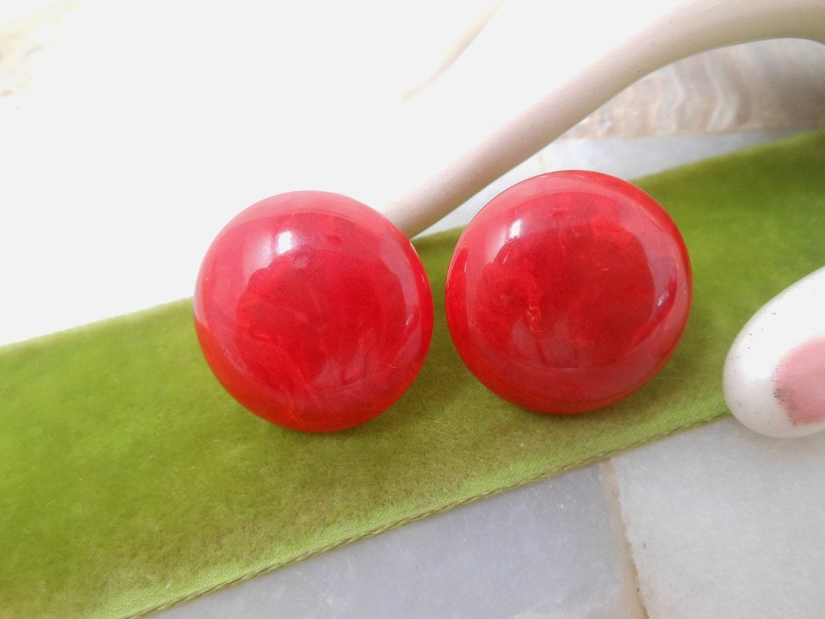 Vintage BAKELITE Cherry Red Button Earrings Screw Back Art Deco Old Plastic Jewelry Gift Mid Century, VivianJoel.com