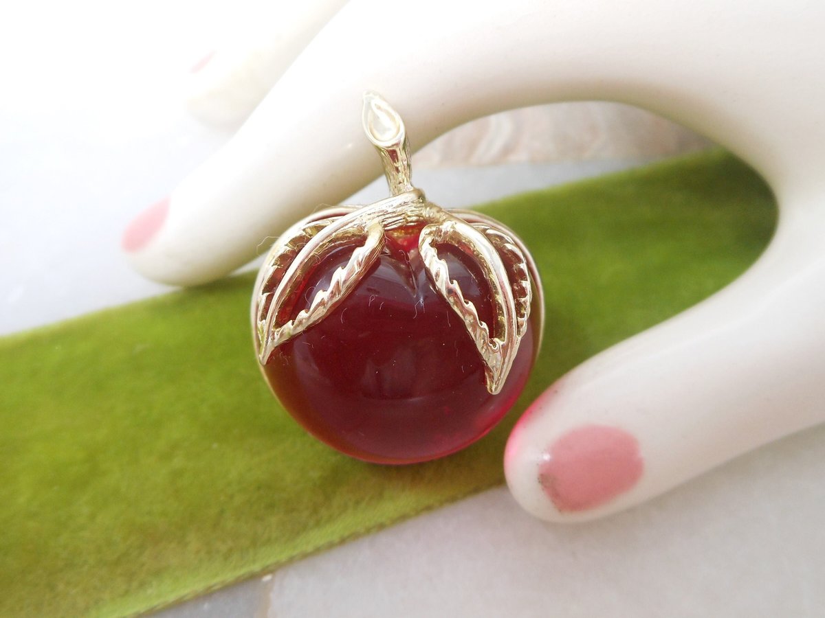 Vintage SARAH COVENTRY Fruit Brooch Apple Bright Pink Jelly Belly Pin Lucite Burgundy Designer Jewelry Mid Century, VivianJoel.com
