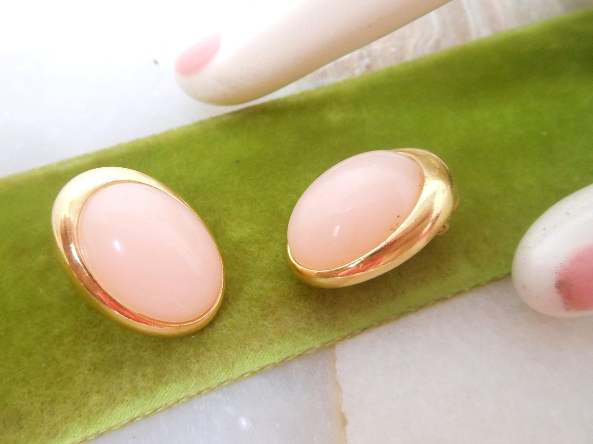 Vintage TRIFARI TM Blush Pink Earrings Clip On Lucite Plastic Jelly Belly Designer Jewelry Gift, VivianJoel.com