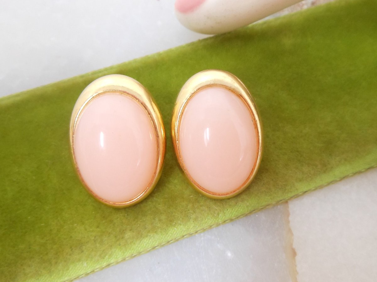 Vintage TRIFARI TM Blush Pink Earrings Clip On Lucite Plastic Jelly Belly Designer Jewelry Gift, VivianJoel.com