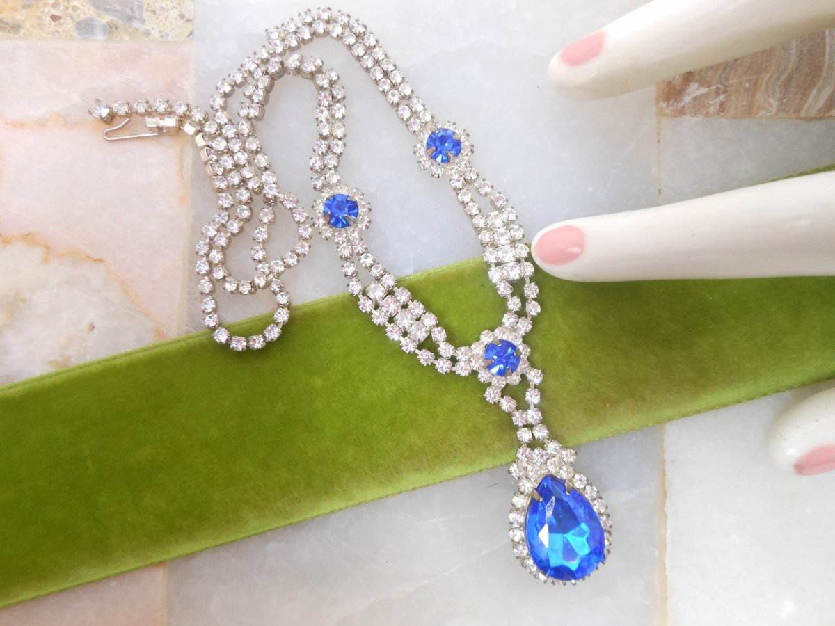 Vintage Blue Teardrop Pendant Necklace Rhinestone Crystal Glamour Victorian Revival Mid Century Jewelry Gift, VivianJoel.com