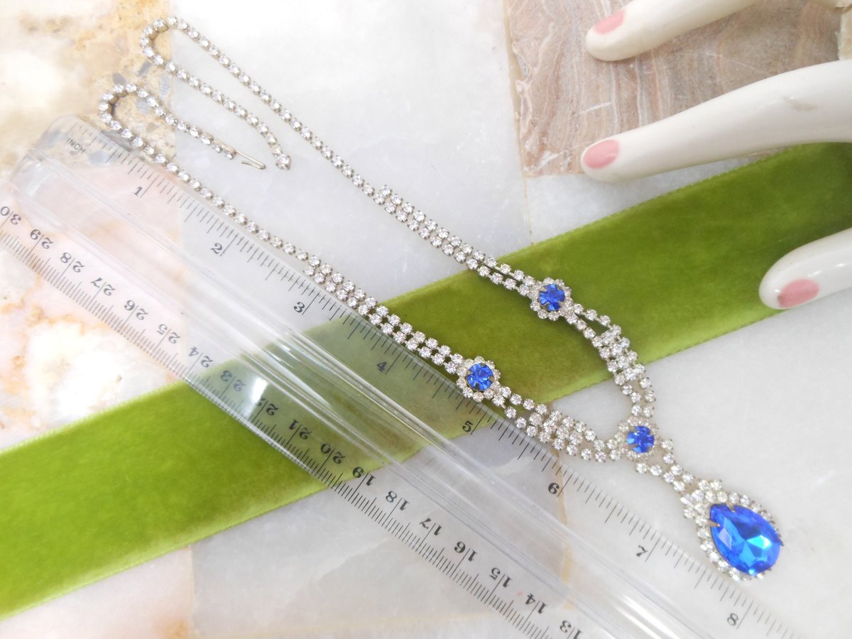 Vintage Blue Teardrop Pendant Necklace Rhinestone Crystal Glamour Victorian Revival Mid Century Jewelry Gift, VivianJoel.com