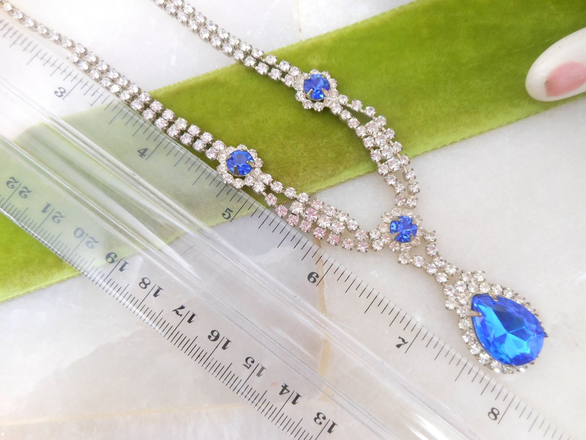 Vintage Blue Teardrop Pendant Necklace Rhinestone Crystal Glamour Victorian Revival Mid Century Jewelry Gift, VivianJoel.com