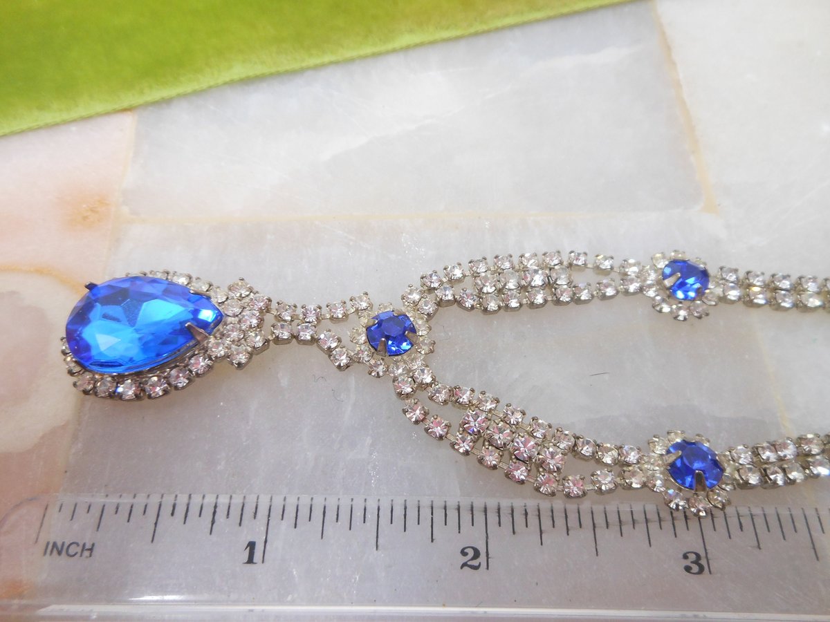 Vintage Blue Teardrop Pendant Necklace Rhinestone Crystal Glamour Victorian Revival Mid Century Jewelry Gift, VivianJoel.com