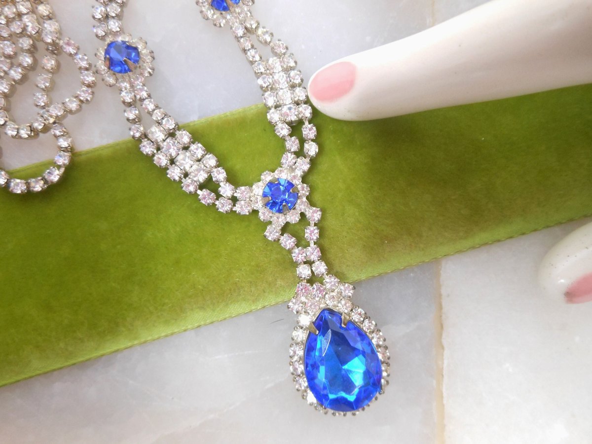 Vintage Blue Teardrop Pendant Necklace Rhinestone Crystal Glamour Victorian Revival Mid Century Jewelry Gift, VivianJoel.com