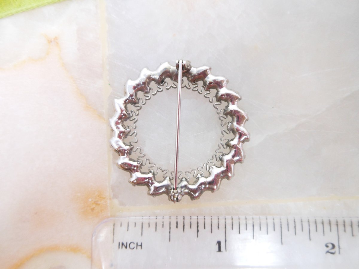 Vintage Blue Aurora Borealis Rhinestone Wreath Pin Brooch Filigree Circle Petite Jewelry Gift Mid Century, VivianJoel.com