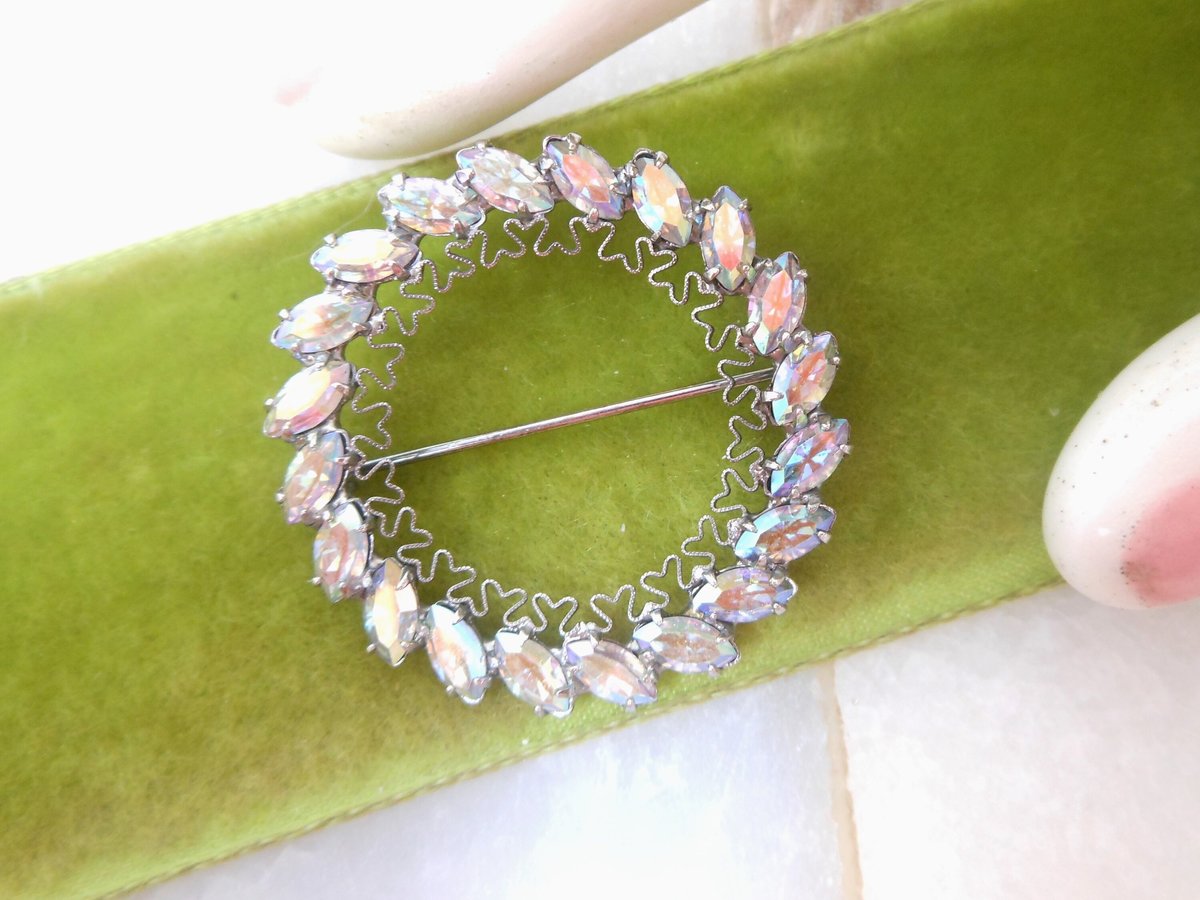 Vintage Blue Aurora Borealis Rhinestone Wreath Pin Brooch Filigree Circle Petite Jewelry Gift Mid Century, VivianJoel.com
