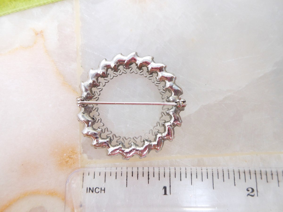 Vintage Blue Aurora Borealis Rhinestone Wreath Pin Brooch Filigree Circle Petite Jewelry Gift Mid Century, VivianJoel.com