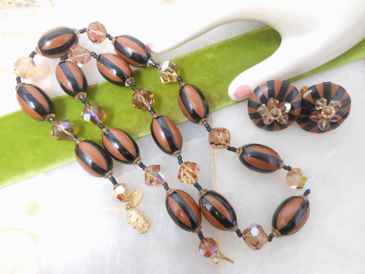 Vintage VENDOME Bead Necklace Earrings Set Crystal Plastic Jewelry Pin Up Designer Mid Century Demi Parure Jewelry Gift, VivianJoel.com