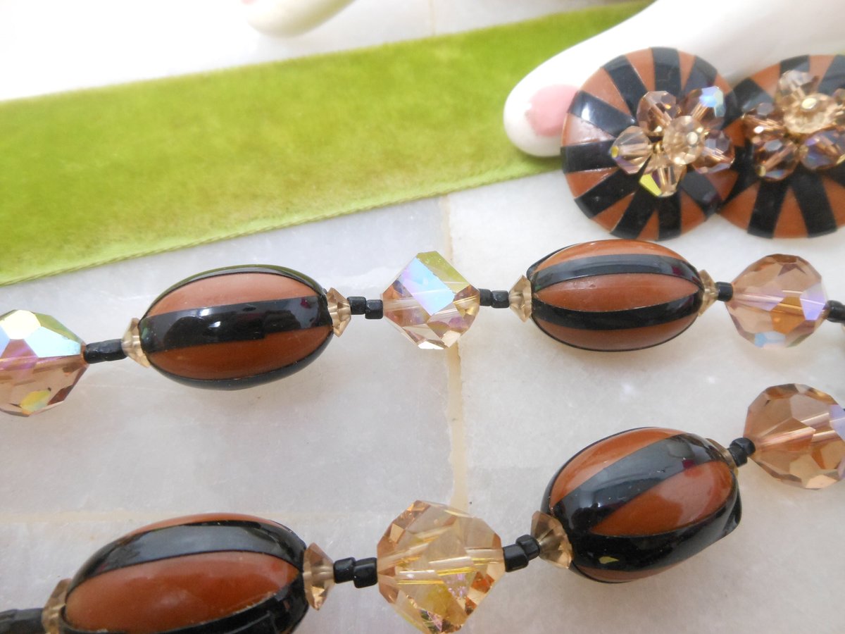 Vintage VENDOME Bead Necklace Earrings Set Crystal Plastic Jewelry Pin Up Designer Mid Century Demi Parure Jewelry Gift, VivianJoel.com