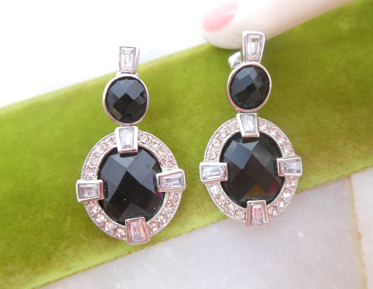 Vintage MONET Earrings Crystal Rhinestone Designer Pierced Post Dangle Drop Art Deco Elegant Jewelry Gift, VivianJoel.com