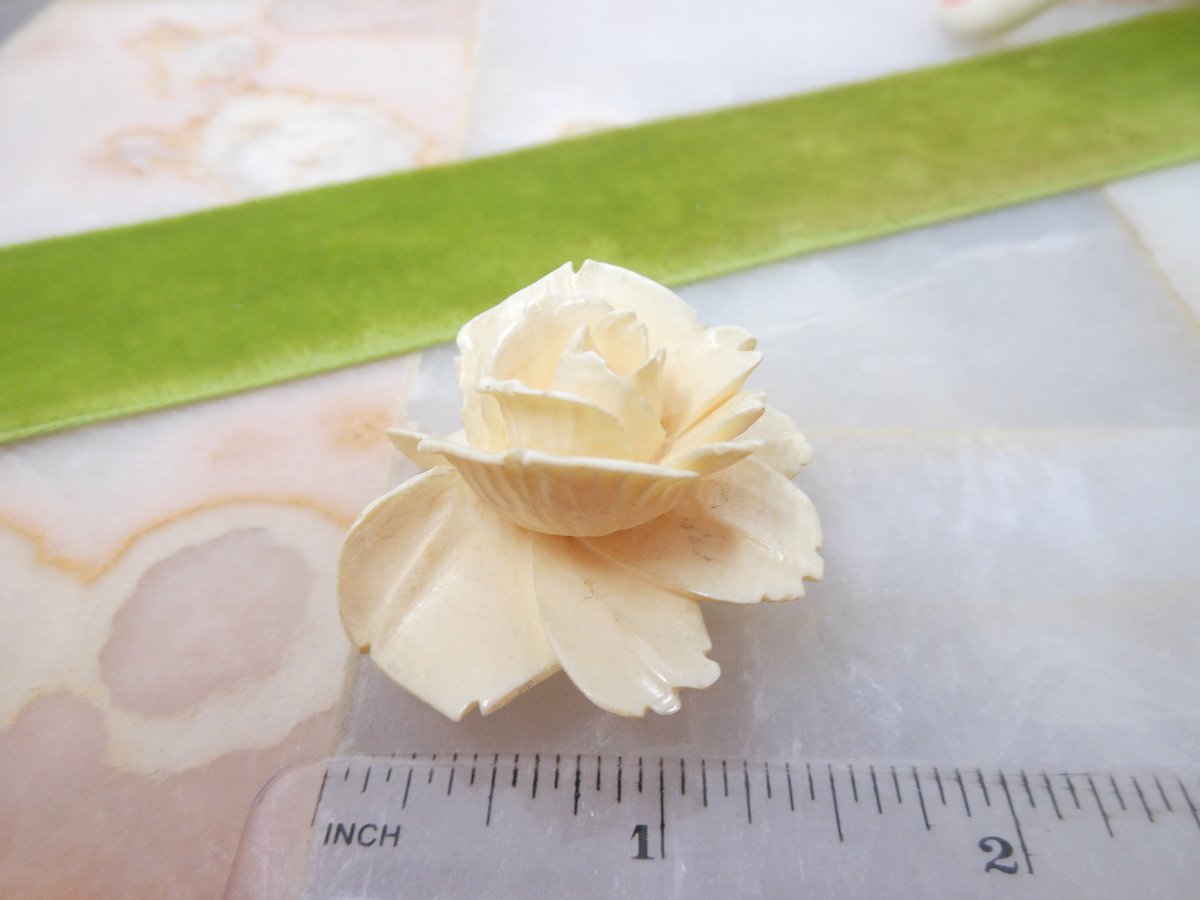 Vintage Carved Rose Brooch Large Corsage Bone Bovine Artisan Handcraft Flower Pin Mid Century Jewelry Gift, VivianJoel.com