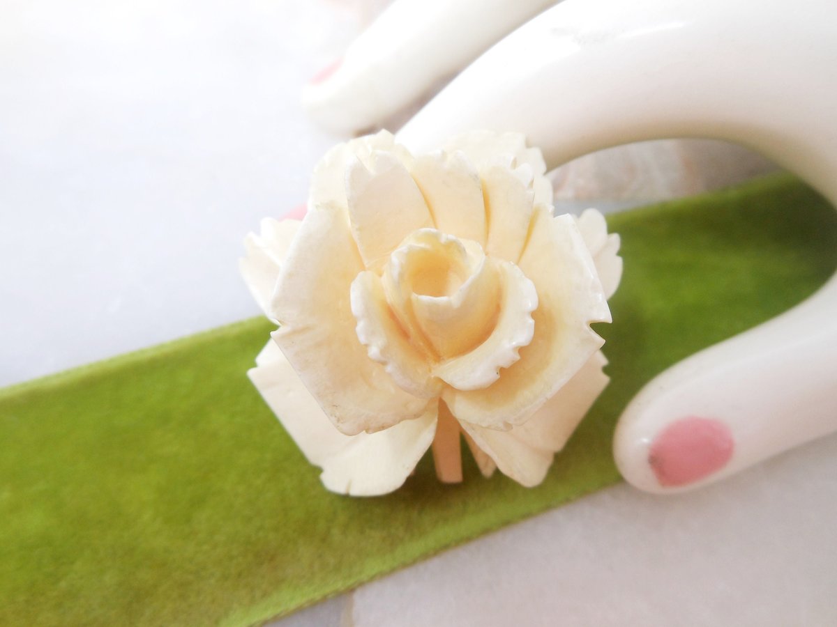 Vintage Carved Rose Brooch Large Corsage Bone Bovine Artisan Handcraft Flower Pin Mid Century Jewelry Gift, VivianJoel.com