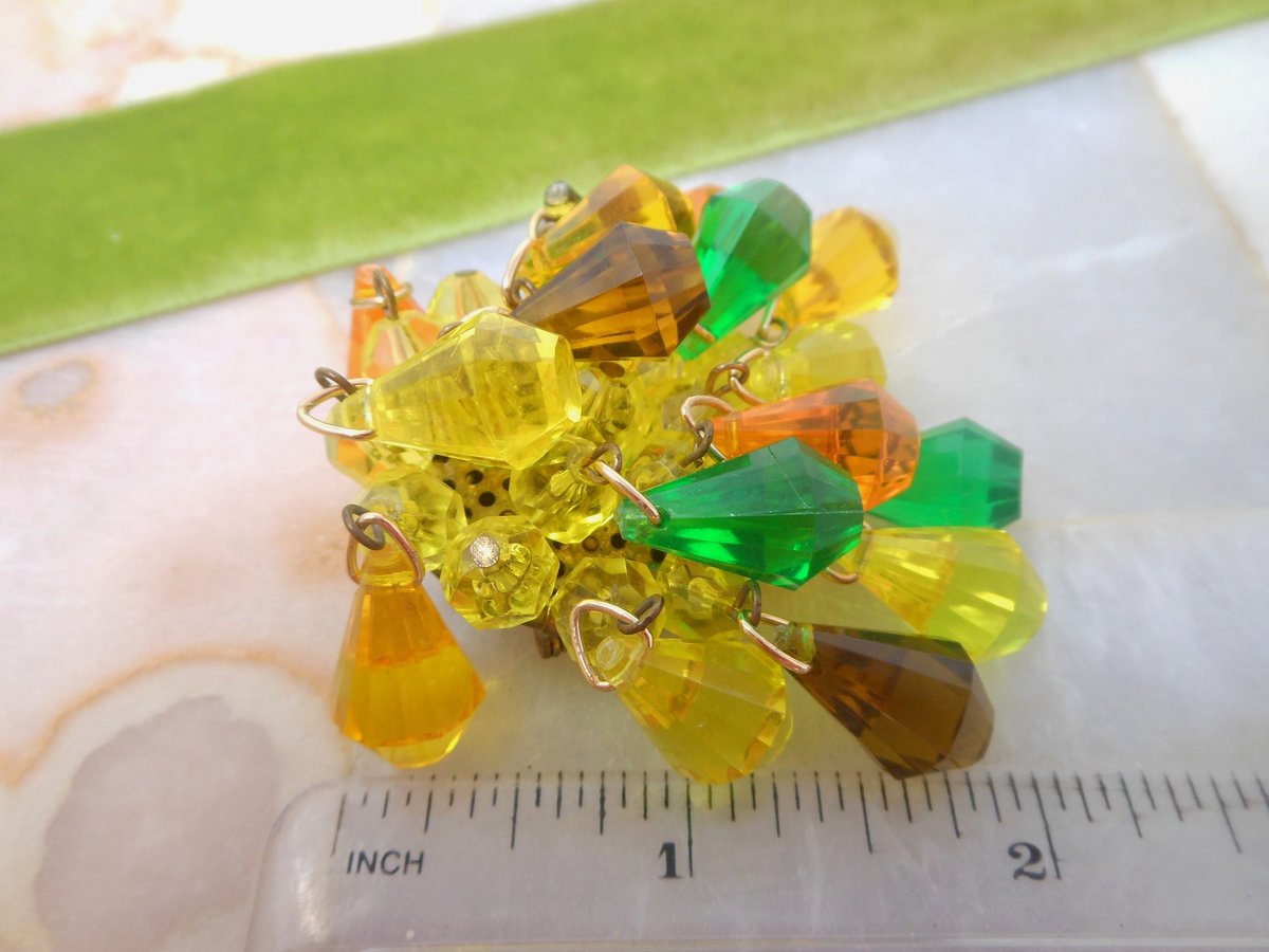 Vintage GERMANY Waterfall Dangle Bead Brooch Plastic Cluster Orange Yellow Green Pin Lucite Cha Cha Mid Century Jewelry Gift, VivianJoel.com