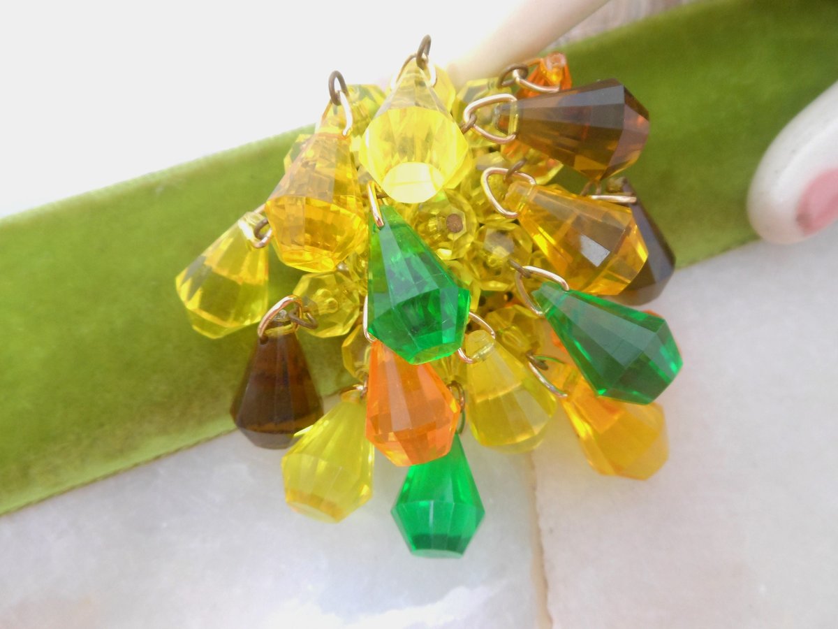 Vintage GERMANY Waterfall Dangle Bead Brooch Plastic Cluster Orange Yellow Green Pin Lucite Cha Cha Mid Century Jewelry Gift, VivianJoel.com