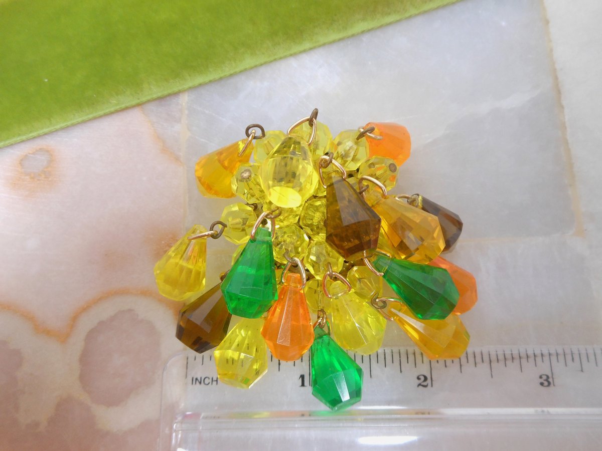 Vintage GERMANY Waterfall Dangle Bead Brooch Plastic Cluster Orange Yellow Green Pin Lucite Cha Cha Mid Century Jewelry Gift, VivianJoel.com