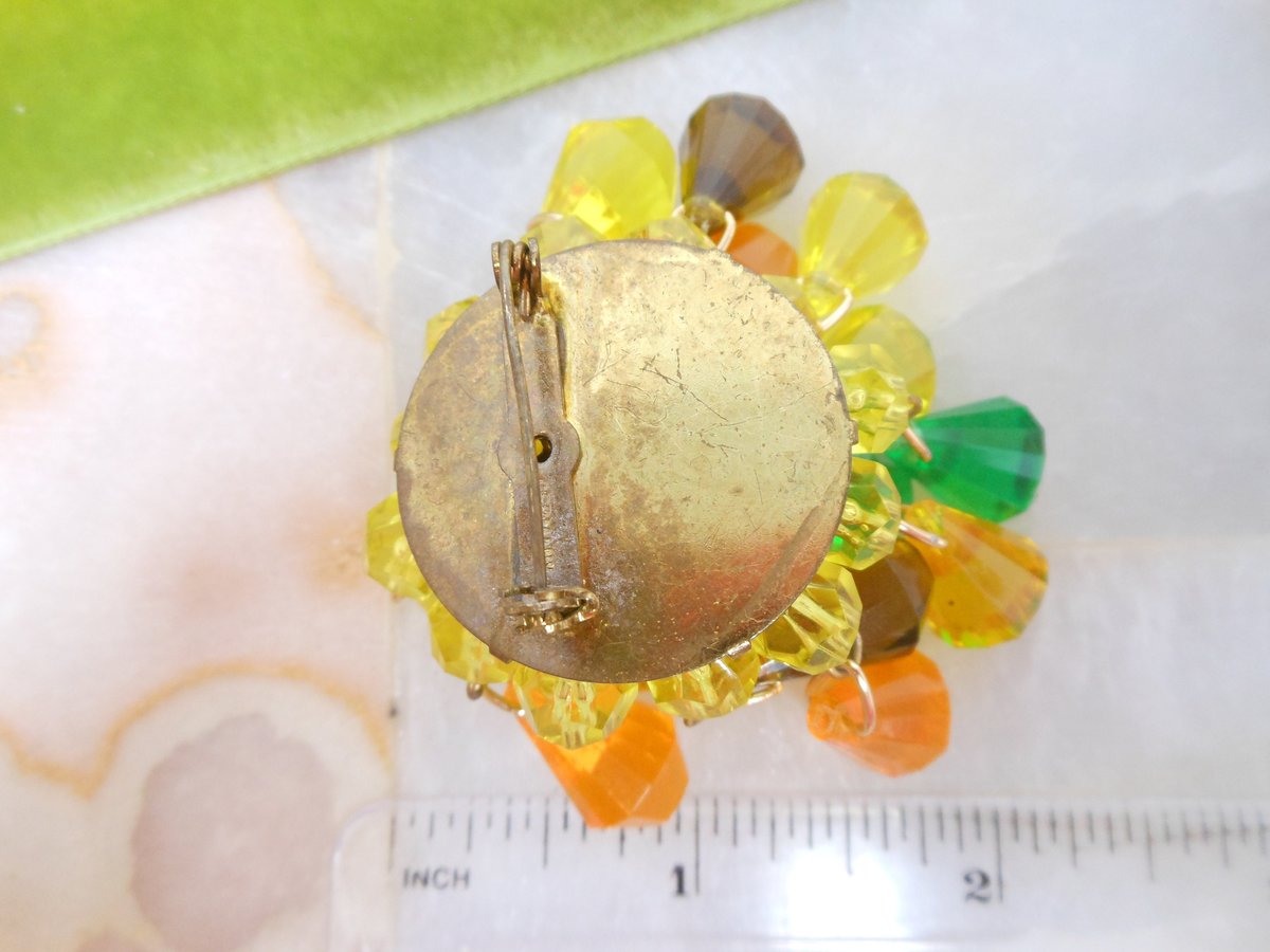 Vintage GERMANY Waterfall Dangle Bead Brooch Plastic Cluster Orange Yellow Green Pin Lucite Cha Cha Mid Century Jewelry Gift, VivianJoel.com