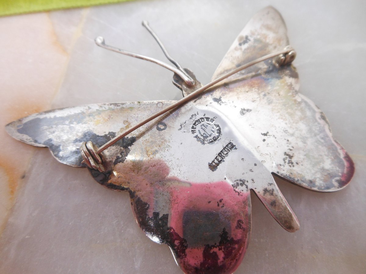 Vintage MEXICO STERLING SILVER Butterfly Insect Pin Brooch Mosaic Abalone Inlay Bug Figural Silver Mid Century Jewelry Gift, VivianJoel.com