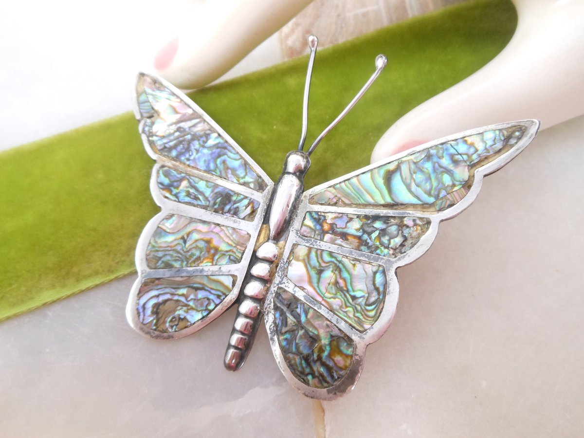 Vintage MEXICO STERLING SILVER Butterfly Insect Pin Brooch Mosaic Abalone Inlay Bug Figural Silver Mid Century Jewelry Gift, VivianJoel.com