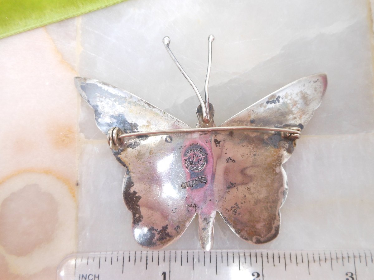 Vintage MEXICO STERLING SILVER Butterfly Insect Pin Brooch Mosaic Abalone Inlay Bug Figural Silver Mid Century Jewelry Gift, VivianJoel.com