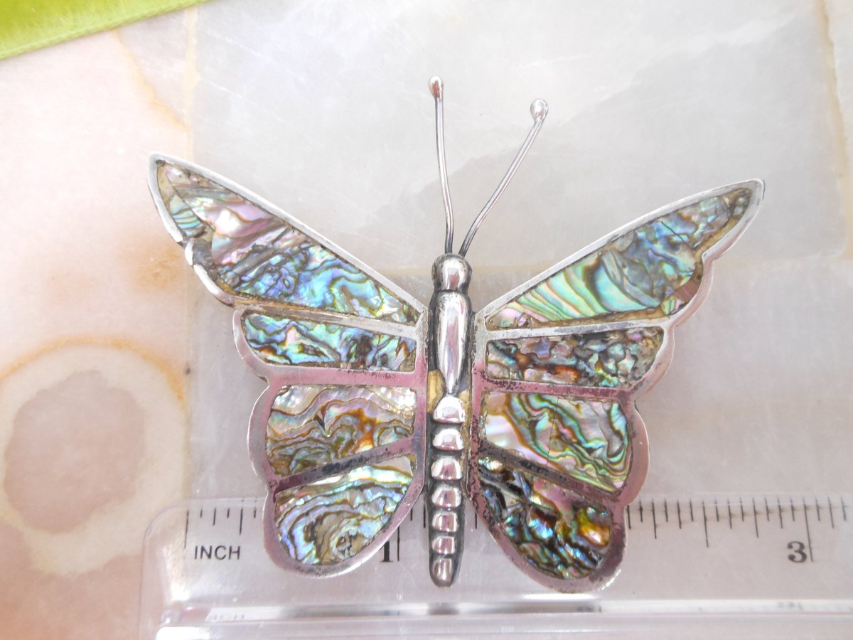 Vintage MEXICO STERLING SILVER Butterfly Insect Pin Brooch Mosaic Abalone Inlay Bug Figural Silver Mid Century Jewelry Gift, VivianJoel.com