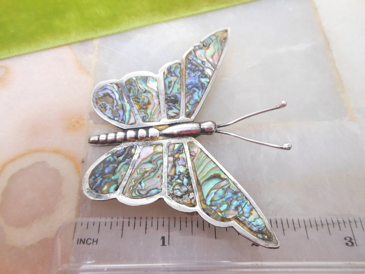 Vintage MEXICO STERLING SILVER Butterfly Insect Pin Brooch Mosaic Abalone Inlay Bug Figural Silver Mid Century Jewelry Gift, VivianJoel.com