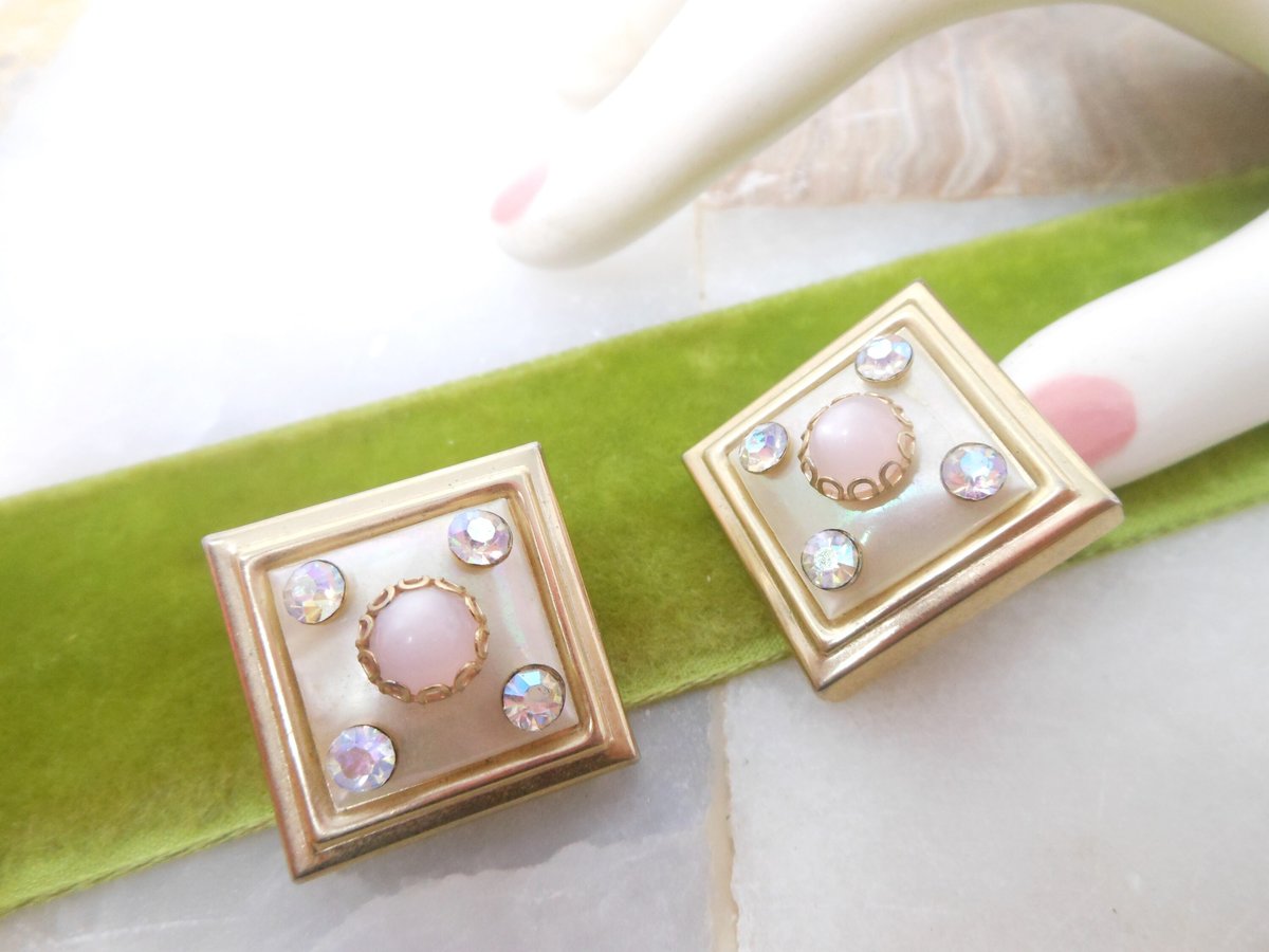 Vintage Pink Pearly Earrings Rhinestone Glam Clip On Moonglow Aurora Borealis Chunky Jewelry Mid Century Gift, VivianJoel.com