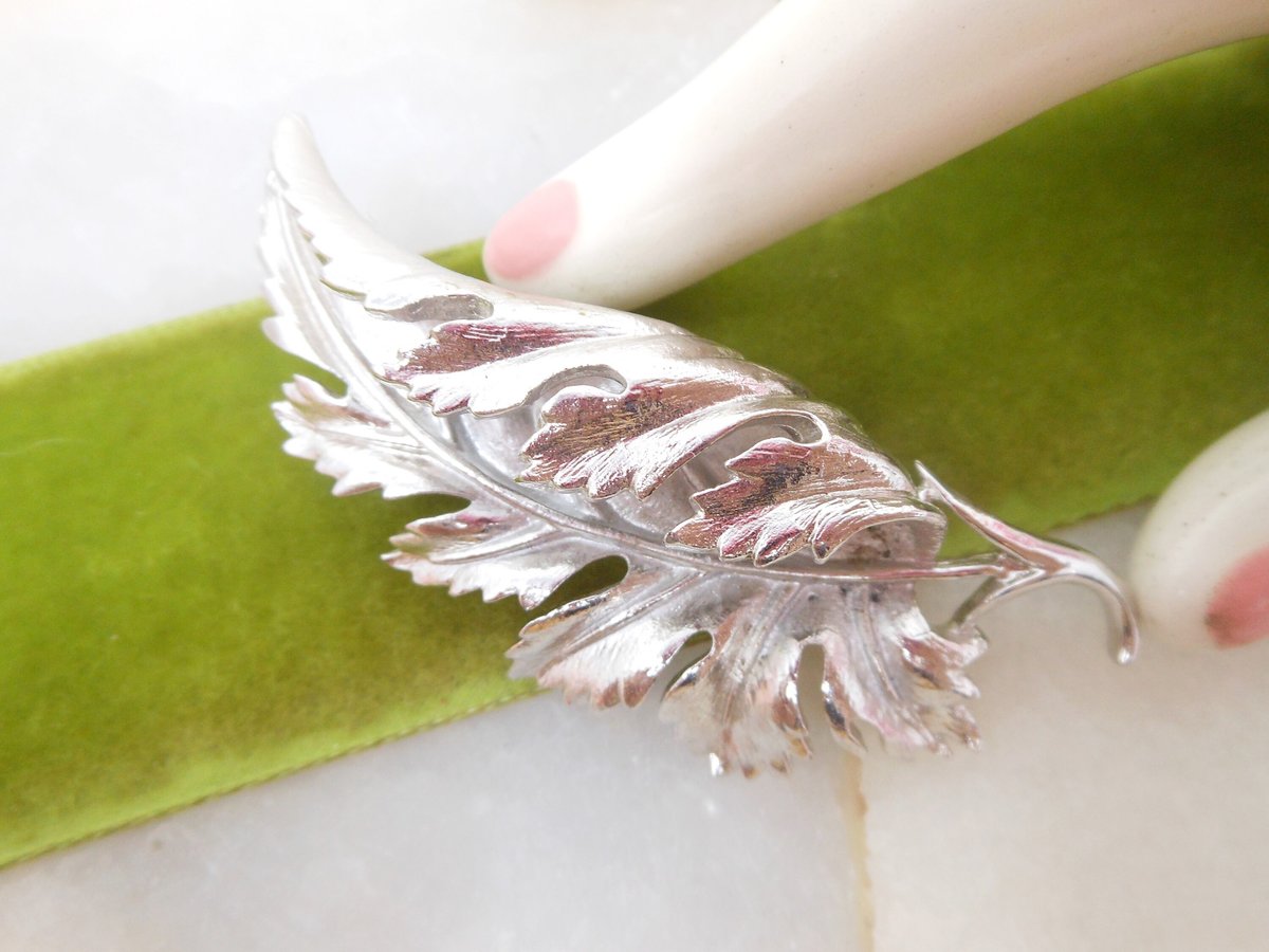 Vintage CORO Brooch Big Ruffled Leaf Pin Silver Plate Figural Designer Mid Century Jewelry Gift, VivianJoel.com