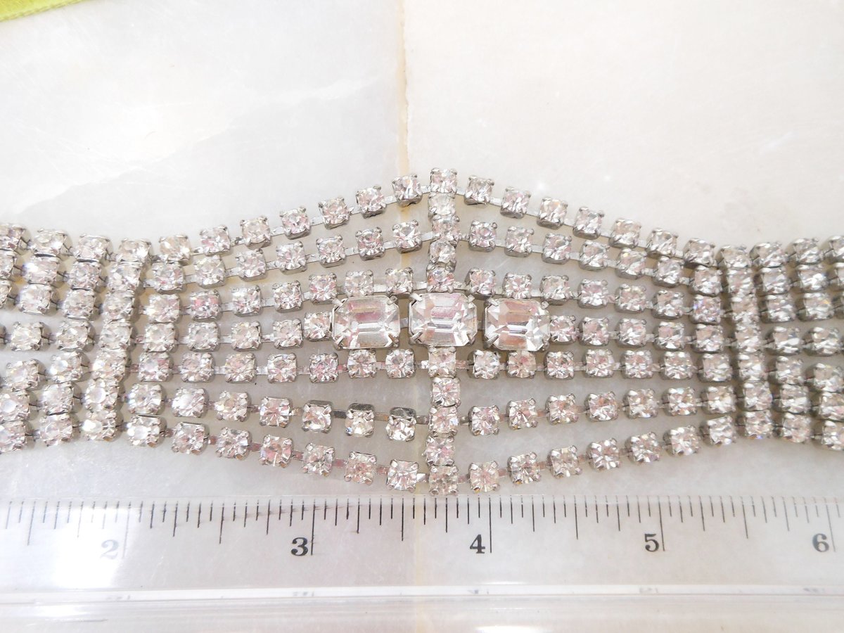 Vintage Rhinestone Bracelet Statement Wide Ice Clear Crystal Huge Hollywood Wedding Glam Century Jewelry, VivianJoel.com