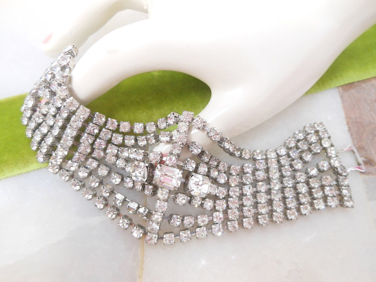 Vintage Rhinestone Bracelet Statement Wide Ice Clear Crystal Huge Hollywood Wedding Glam Century Jewelry, VivianJoel.com