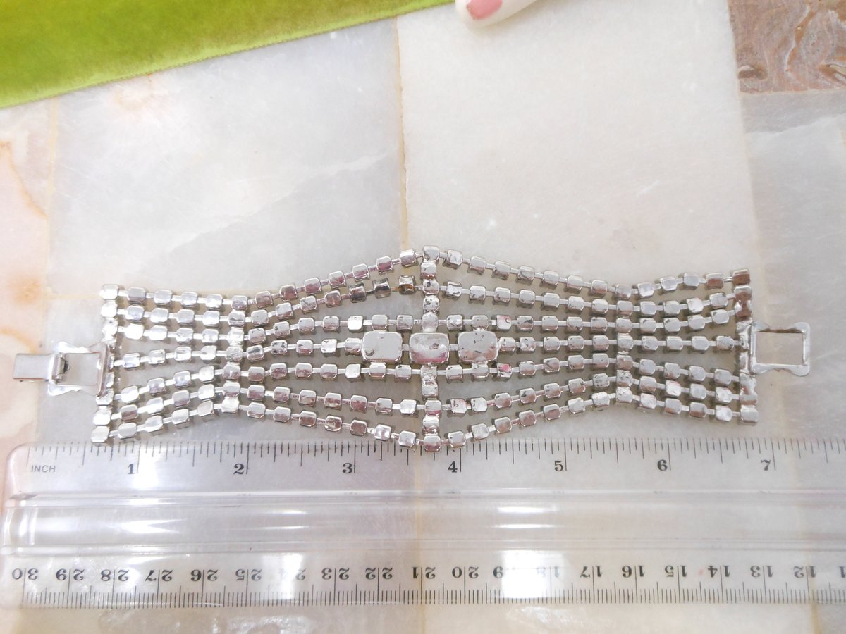 Vintage Rhinestone Bracelet Statement Wide Ice Clear Crystal Huge Hollywood Wedding Glam Century Jewelry, VivianJoel.com