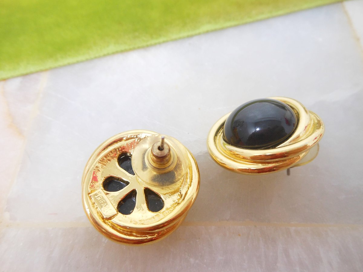 Vintage TRIFARI Earrings Black Classic Post Pierced Lucite Plastic Designer Jewelry Gift, VivianJoel.com