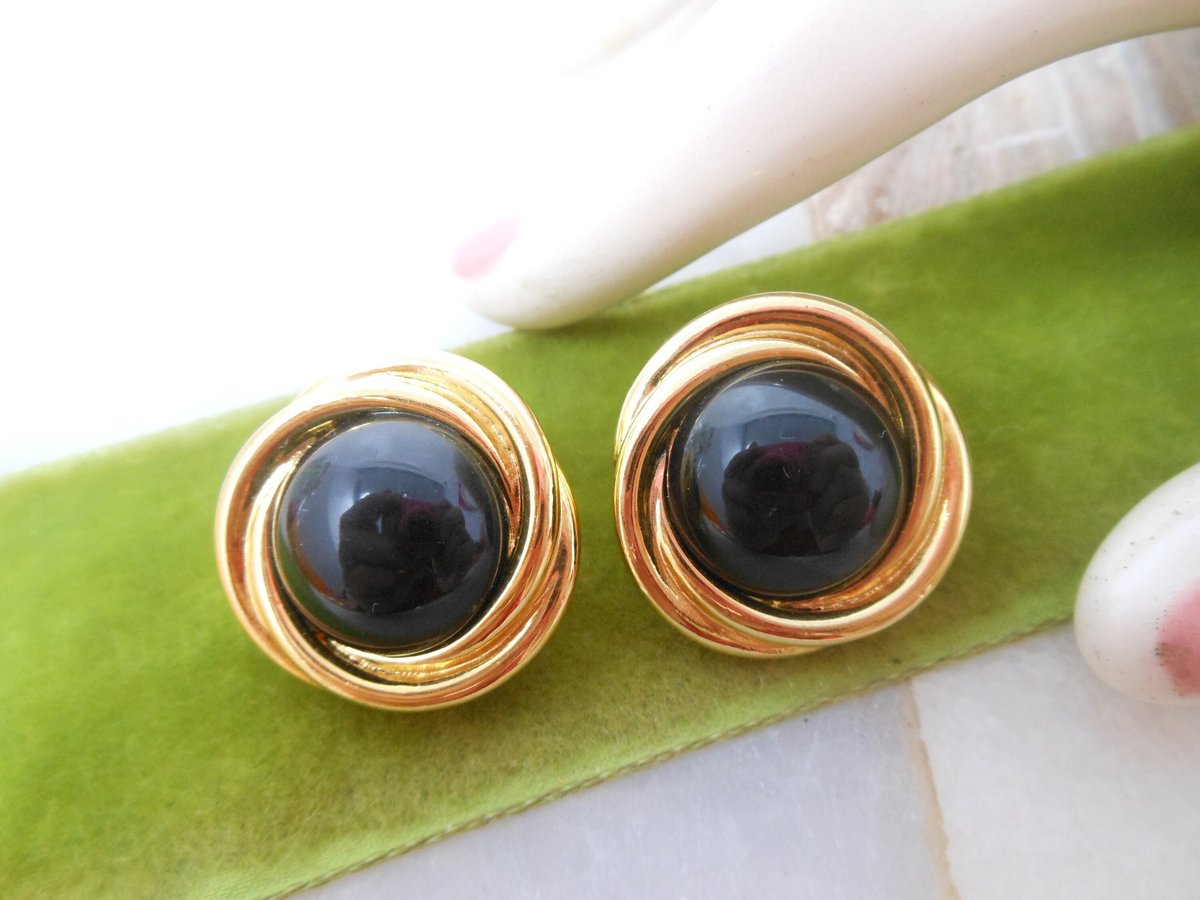 Vintage TRIFARI Earrings Black Classic Post Pierced Lucite Plastic Designer Jewelry Gift, VivianJoel.com