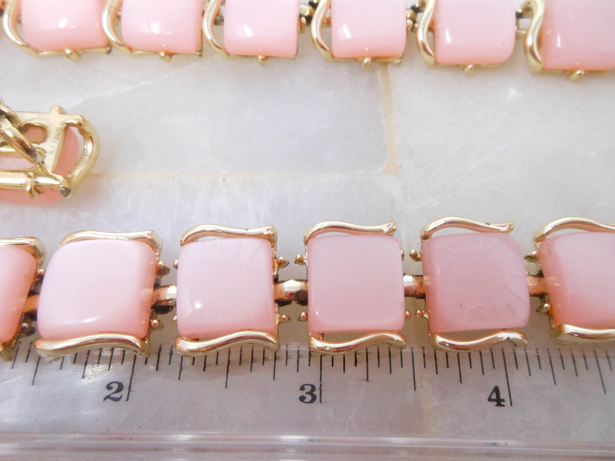 Vintage CORO Pink Moonglow Necklace Bracelet Earrings Set Thermoset Link Plastic Retro Designer Parure Jewelry Mid Century, VivianJoel.com