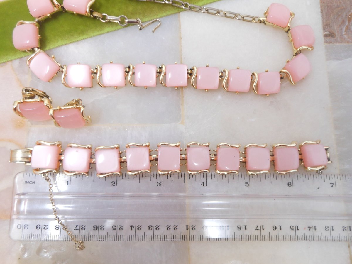 Vintage CORO Pink Moonglow Necklace Bracelet Earrings Set Thermoset Link Plastic Retro Designer Parure Jewelry Mid Century, VivianJoel.com