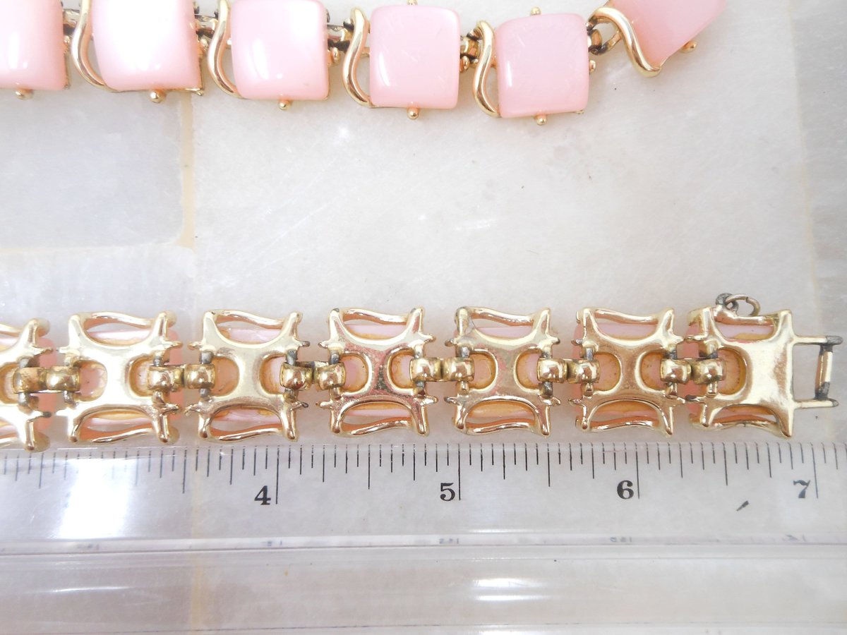 Vintage CORO Pink Moonglow Necklace Bracelet Earrings Set Thermoset Link Plastic Retro Designer Parure Jewelry Mid Century, VivianJoel.com